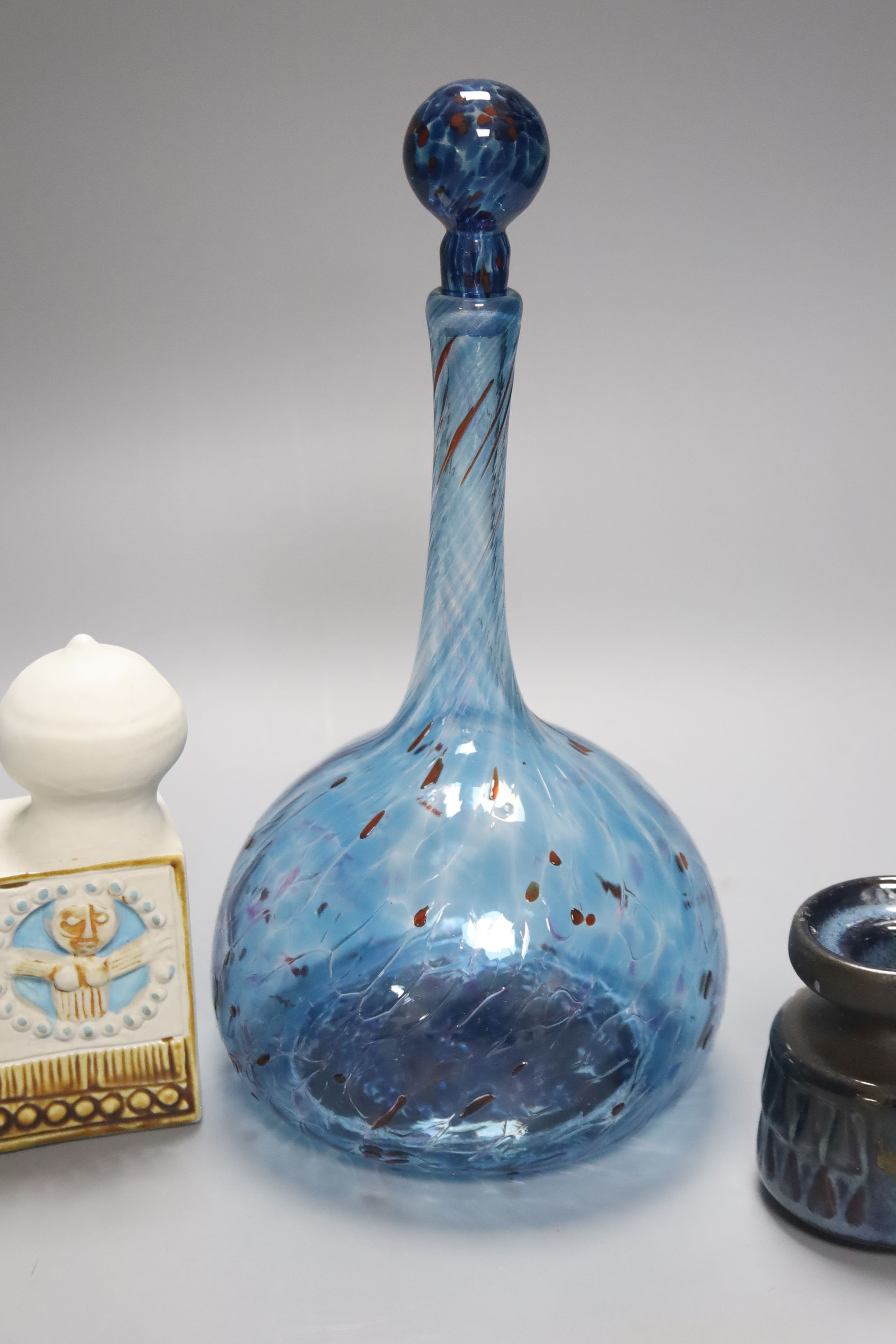 An art glass decanter and stopper, a Gustavsberg Bagdad model and two Scandinavian pots, tallest 25cm